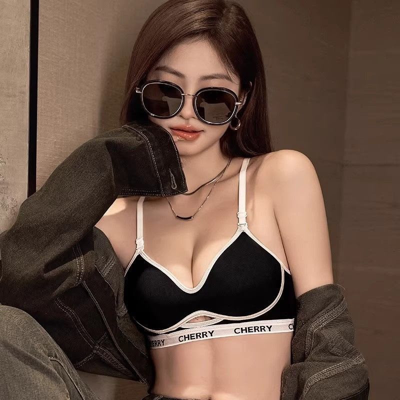 Cherry branded glossy gathering summer anti sagging casual black bra with no trace underwear for women and no steel ring text bra
