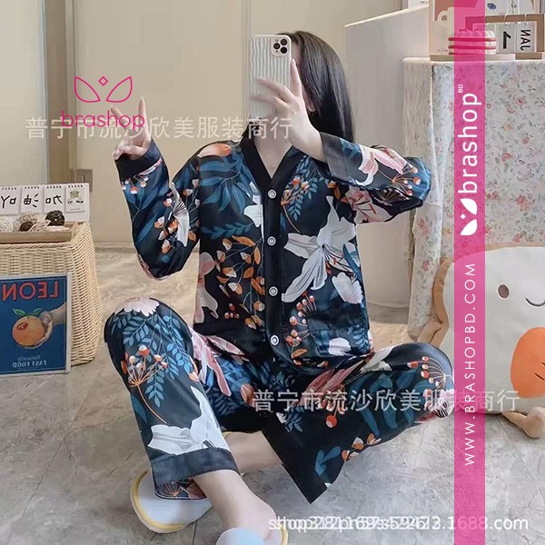 Spring Autumn Faux Silk Women Pajama Sets