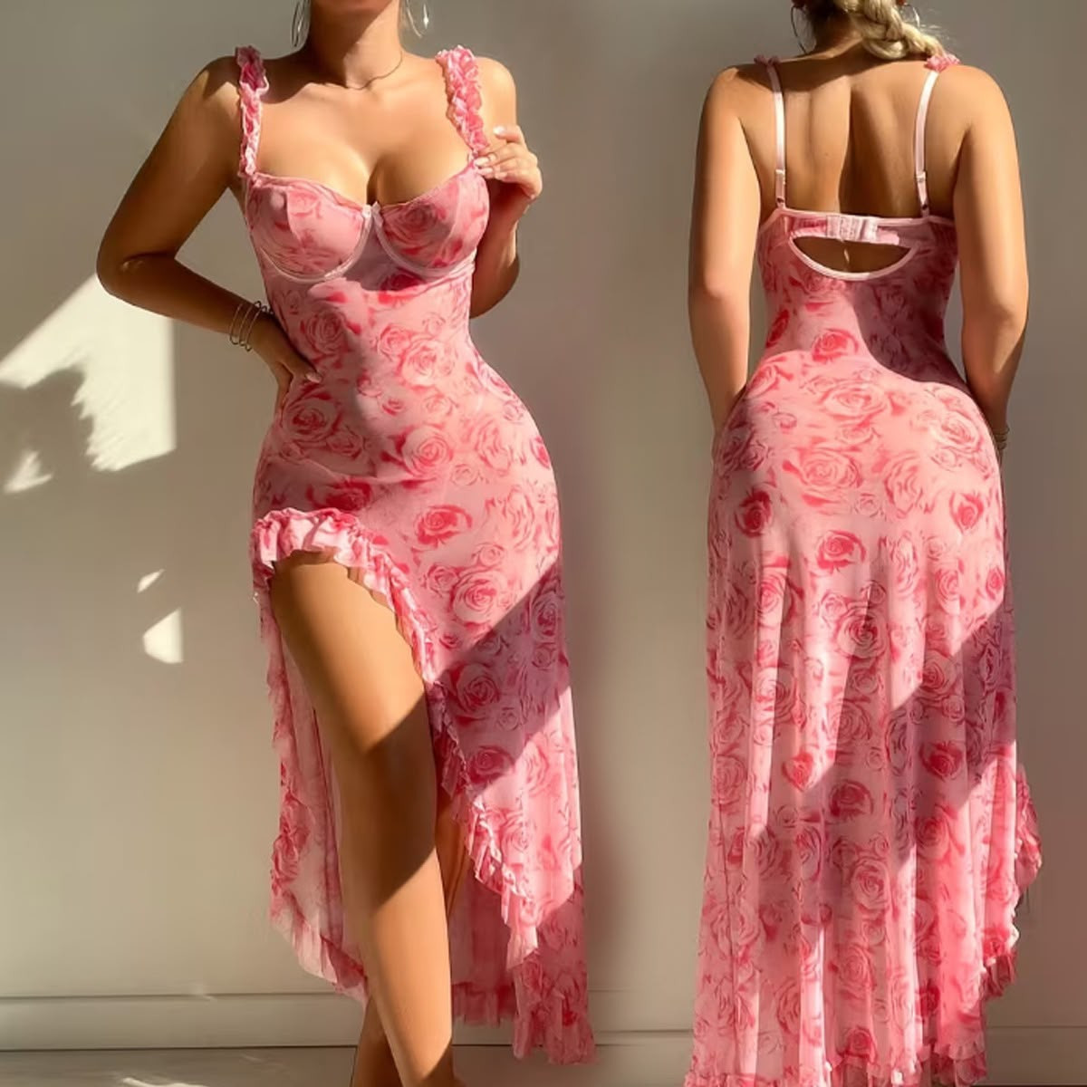 Blushing Rose Floral Ruffle Maxi Dress