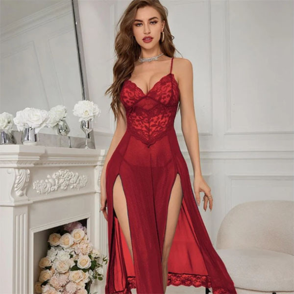 Luxury Long Lace Night Gown for Women – Elegant Sheer Maxi Nightwear