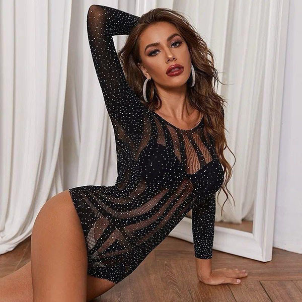 Rhinestones Slash Neck Teddy Bodysuit Temptation Mesh Full Sleeve Backless Slim Transparent Bodysuit