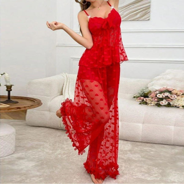 Romantic Red Mesh Nightwear Set for Women – Elegant 2 Piece Sheer Loungewear